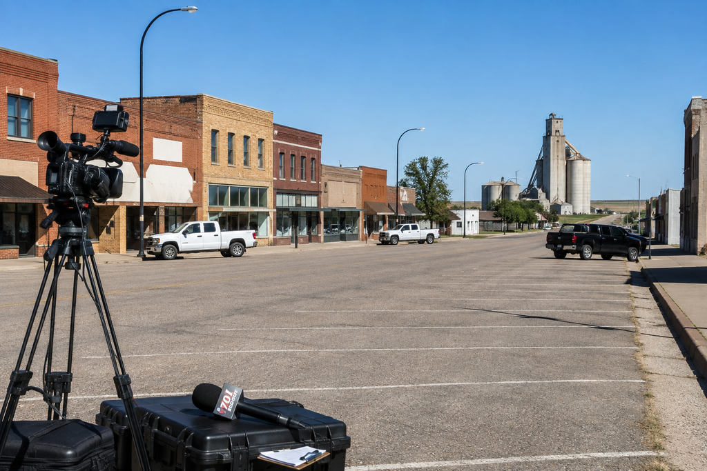 AI-generated image of a quiet North Dakota small-town main street with brick storefronts, pickup trucks, a grain elevator in the distance, and 701 Report camera and microphone equipment in the foreground.