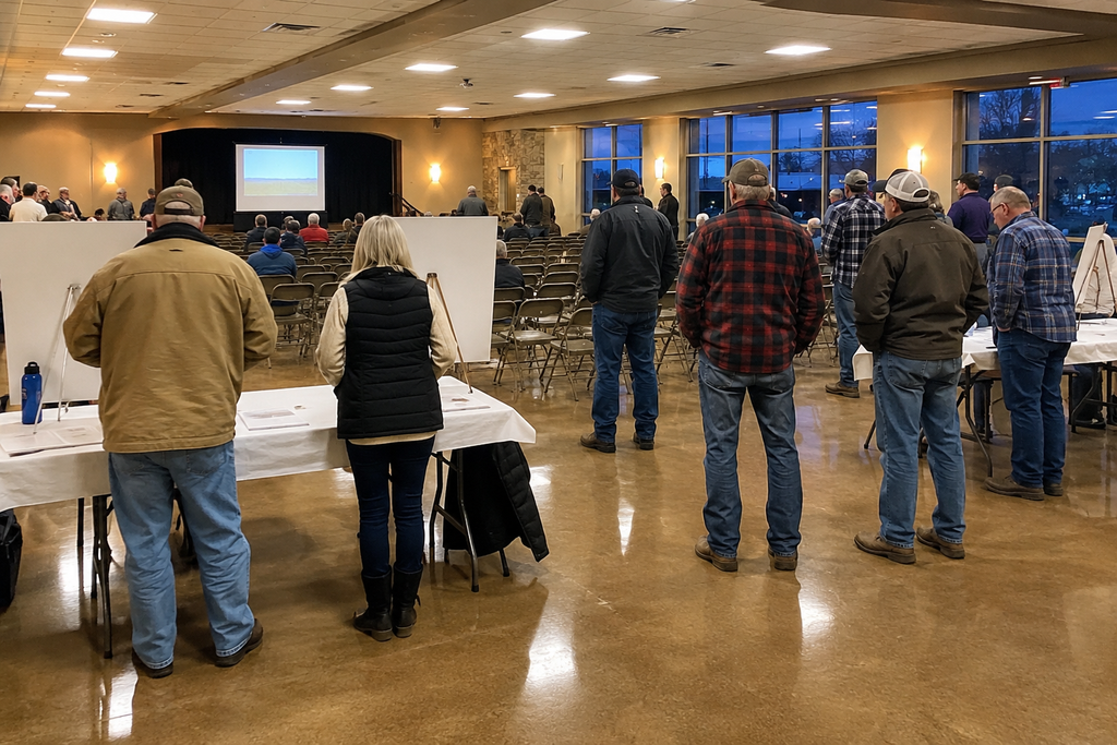 AI-generated image of a community information meeting in a Midwestern event hall, with residents gathered around presentation boards and rows of folding chairs.