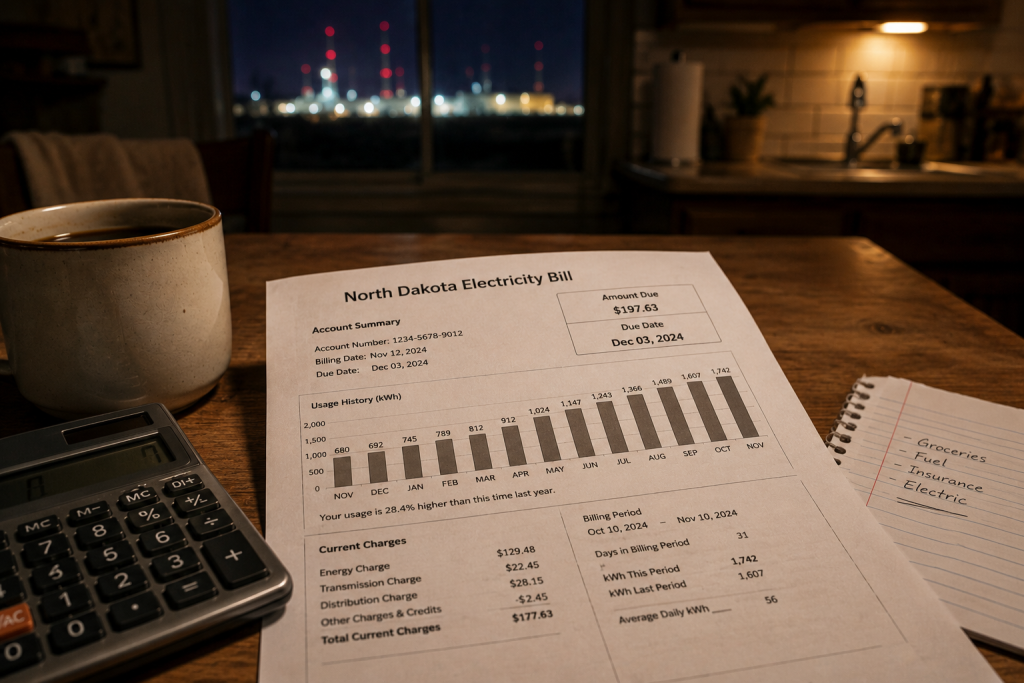 AI-generated image of a North Dakota electricity bill on a kitchen table at night beside a calculator and coffee, with rising monthly power usage shown on the bill and distant industrial lights visible through a window.