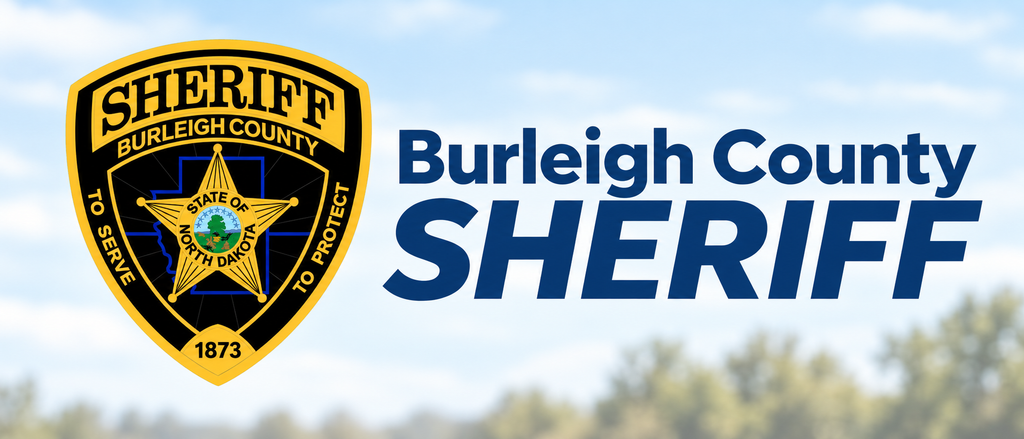 Burleigh County Sheriff banner featuring the Burleigh County Sheriff’s Office badge beside large “Burleigh County Sheriff” text on a light blue background.