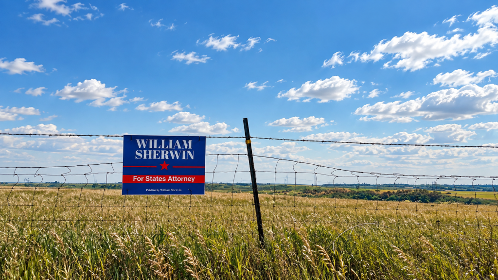 Campaign sign reading "William Sherwin for States Attorney" attached to a fence post in the countryside near Center / Oliver County.