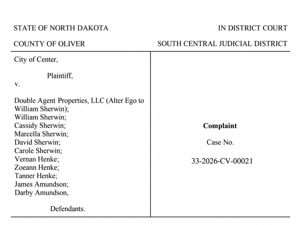 First page of the City of Center's complaint in Case No. 33-2026-CV-00021, naming the City of Center as plaintiff and William S
