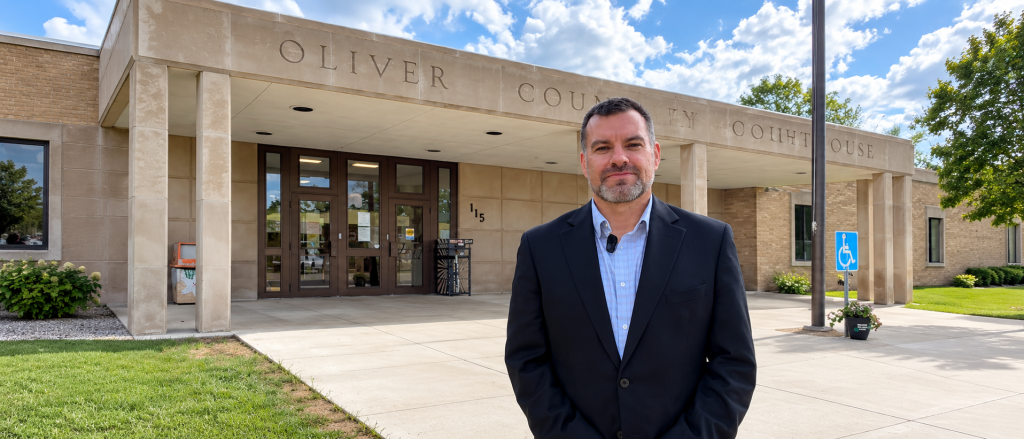 Patrick Waters standing outside the Oliver County Courthouse in Center, North Dakota.