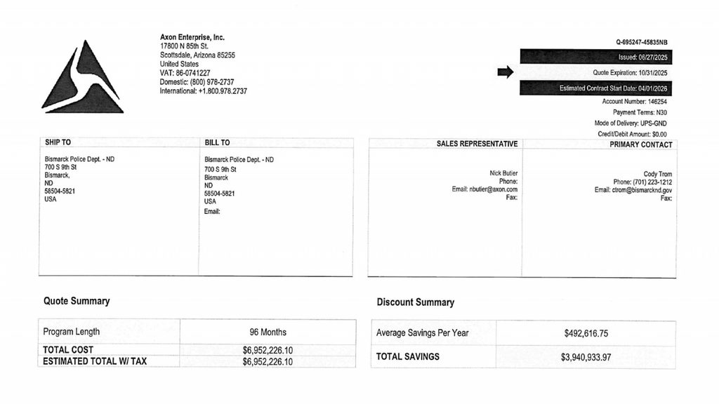 Axon Enterprise quote issued to the Bismarck Police Department showing a 96-month program and an estimated total cost of $6,952,226.10.
